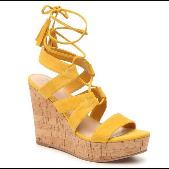 Bleeker & Bond Marisol Sunflower Yellow Suede Wedge Sandals - Picture 1 of 14